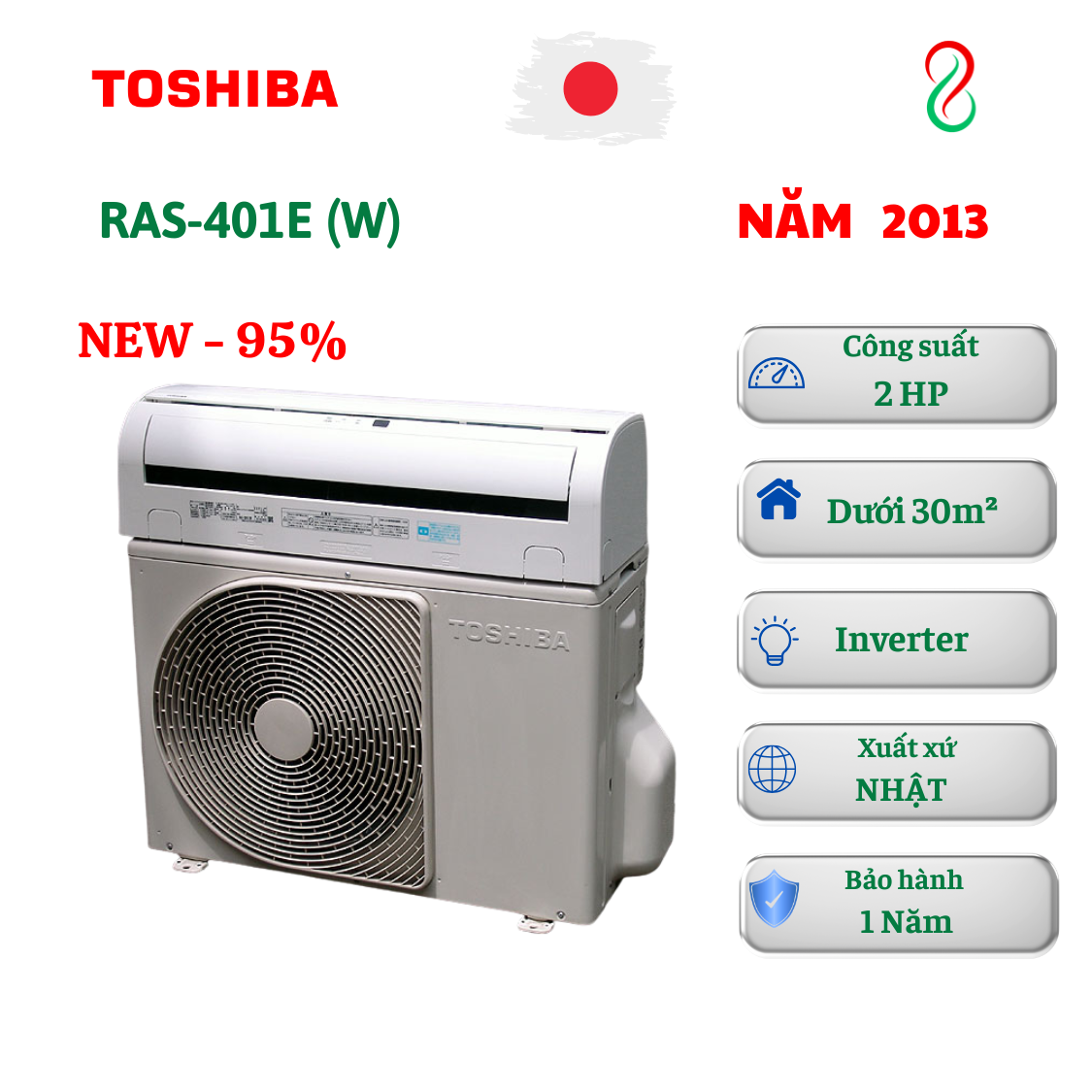 Máy lạnh Toshiba nội địa Nhật 2HP RAS-401E-W