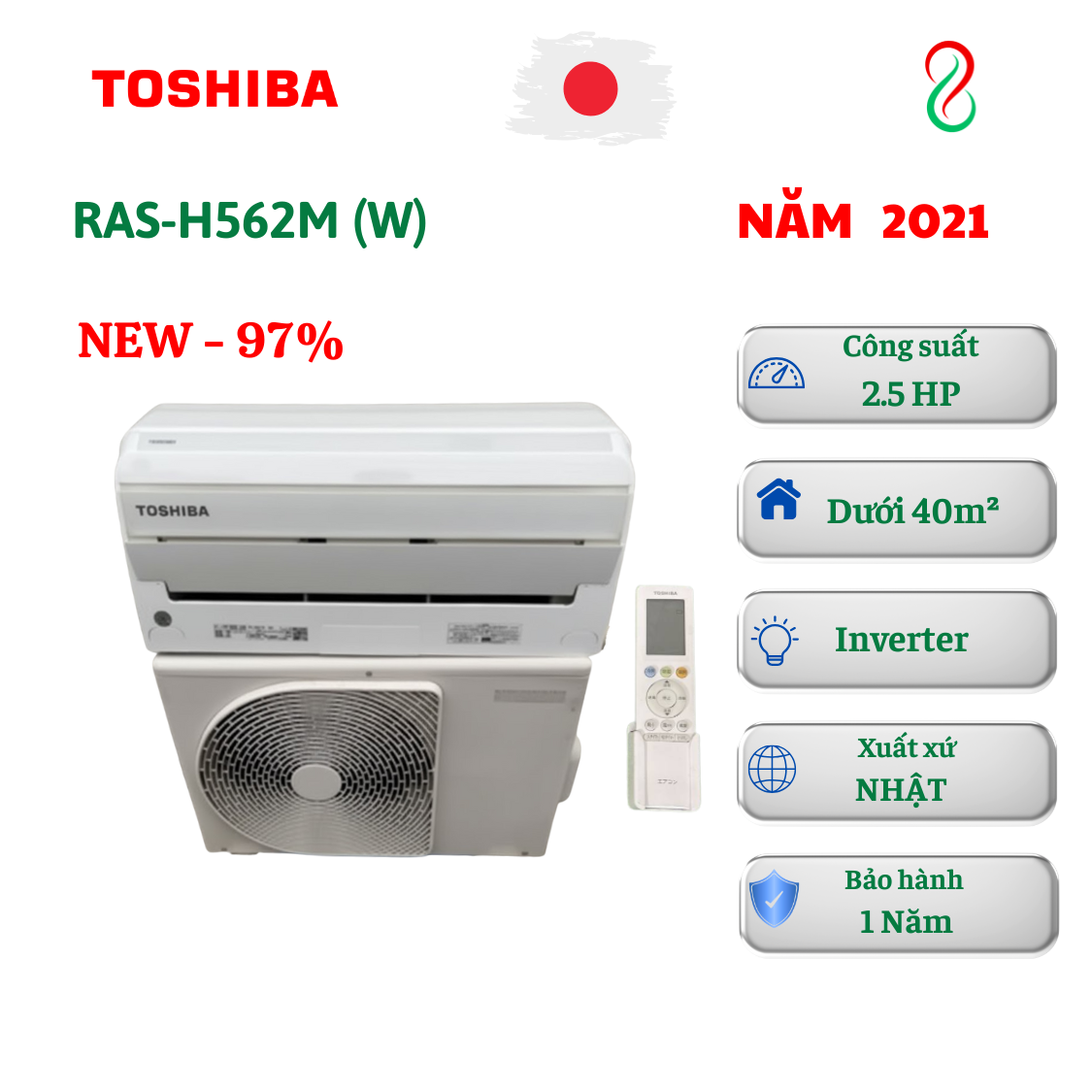Máy lạnh Toshiba nội địa Nhật 2.5HP RAS-H562M 200V Inverter 2 chiều
